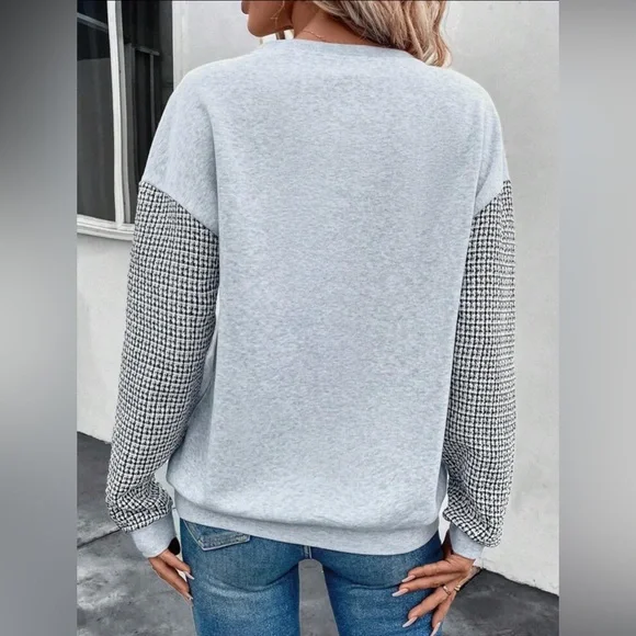 SHEIN- Houndstooth print drop Shoulder Sweatshirt - black / grey - size M - Picture 4 of 12